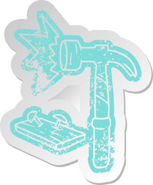 Bir insan tarafından çizilmiş çekiç ve çivi gibi eski bir karikatür çıkartması.