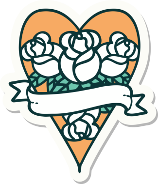 Geleneksel kalp stili dövme çıkartması ve bir insan tarafından çizilmiş çiçekli pankart.