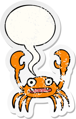 Konuşma baloncuklu çizgi film yengeci bir insan tarafından çizilmiş sıkıntılı eski bir çıkartma