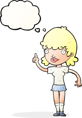 Bir insan tarafından çizilmiş düşünce baloncuğu fikri olan karikatür kadın.