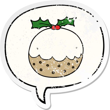 Konuşma balonlu karikatür pudingi bir insan tarafından çizilmiş sıkıntılı eski bir çıkartma