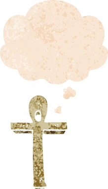 bir insan tarafından çizilmiş grunge sıkıntılı retro desenli düşünce baloncuklu çizgi film ankh sembolü