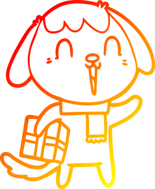 Bir insan tarafından çizilmiş Noel hediyeli şirin bir köpeğin sıcak çizgi çizimi.