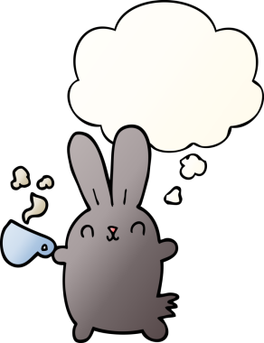 Bir insan tarafından çizilmiş düşünce baloncuklu kahve fincanıyla sevimli çizgi film tavşanı.