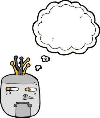 bir insan tarafından çizilmiş konuşma balonlu robot kafası.