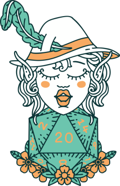 Retro Dövme Tarzı Elf karakteri Bir insan tarafından çizilmiş doğal yirmi zar ile