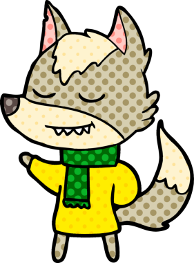 Bir insan tarafından çizilmiş eşarp takan dost canlısı bir kurt.