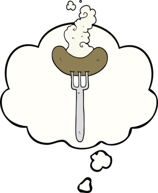 Bir insan tarafından çizilmiş düşünce baloncuklu çatal üzerinde çizgi film sosisi.