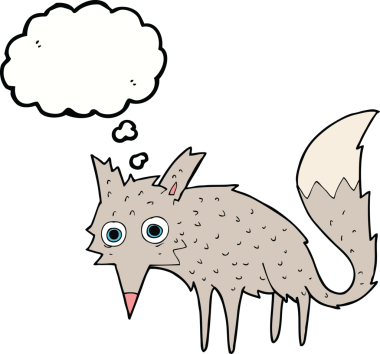 Bir insan tarafından çizilmiş düşünce balonlu komik bir kurt.