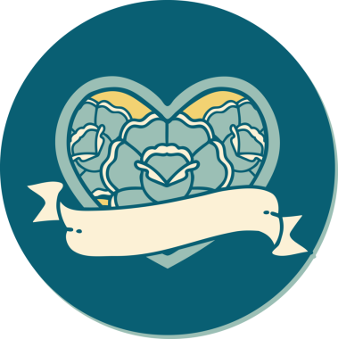 Geleneksel kalp stili dövme çıkartması ve bir insan tarafından çizilmiş çiçekli pankart.