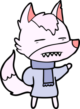 Bir insan tarafından çizilmiş kışın giydirilmiş kurt çizgi filmi.