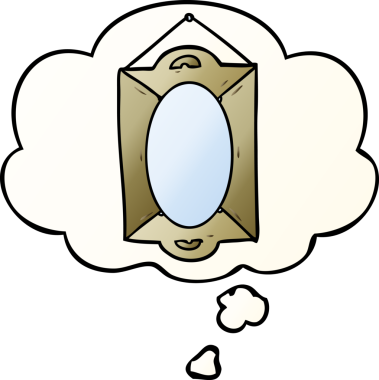 Düşünce baloncuklu karikatür aynası bir insan tarafından çizilmiş düzgün eğimli bir şekilde.