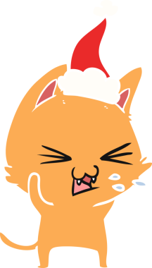 Bir insan tarafından çizilmiş Noel Baba şapkası takan bir kedinin düz renk çizimi.