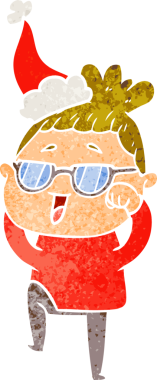 Bir insanın çizdiği Noel Baba şapkası takan mutlu bir kadının el çizimi karikatürü.