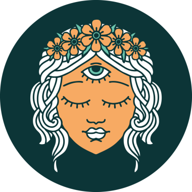 İkonik dövme stili. Üçüncü gözü ve bir insan tarafından çizilmiş çiçek taçlı kadın yüzü.