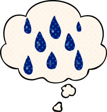 Bir insan tarafından çizilmiş çizgi roman tarzında düşünce baloncuklu yağmur damlaları.