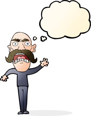 Bir insan tarafından çizilmiş düşünce baloncuğu olan kızgın yaşlı bir adam.