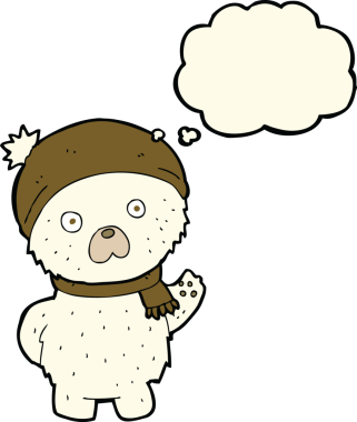 Bir insan tarafından çizilmiş düşünce baloncuğuyla şapkalı ve atkılı şirin kutup ayısı çizgi filmi.