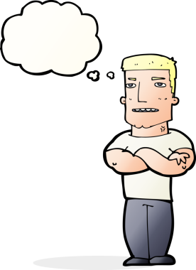 Bir insan tarafından çizilmiş düşünce balonuyla kollarını kavuşturmuş sert adam çizgi filmi.