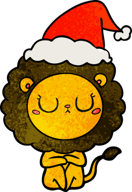 Bir insan tarafından çizilmiş Noel Baba şapkası takan bir aslanın el çizimi karikatürü.