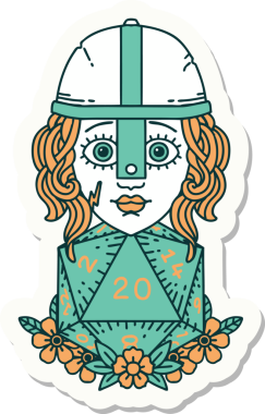 İnsan dövüşçüsünün çıkartması. Bir insan tarafından çizilmiş 20 D20 zarlı.