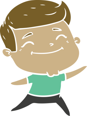 Bir insan tarafından çizilmiş mutlu düz renkli karikatür adam.