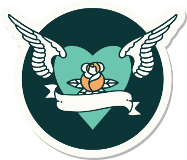 Geleneksel kalp tarzında bir dövme çıkartması. Kanatlarıyla bir insan tarafından çizilmiş bir gül ve bayrak.