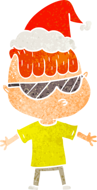 Güneş gözlüğü takan, Noel Baba şapkası takan bir çocuğun insan tarafından çizilmiş eski bir karikatürü.
