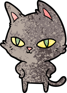 Bir insan tarafından çizilmiş parlak gözlü çizgi film kedisi.