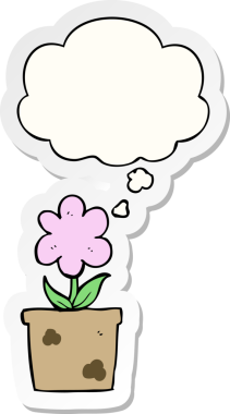 Düşünce baloncuğu olan şirin bir karikatür çiçeği bir insan tarafından çizilmiş çıkartma gibi.