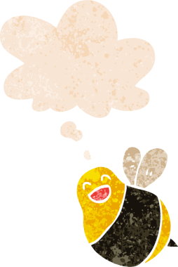 Düşünce baloncuğu olan çizgi film arısı bir insan tarafından çizilmiş dertli retro tarzı