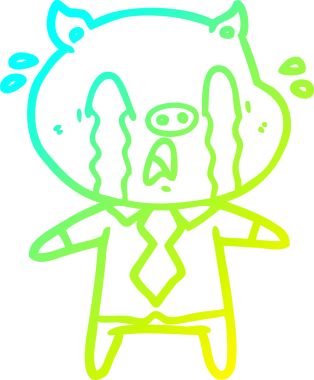 Bir insan tarafından çizilmiş insan kıyafetleri içinde ağlayan bir domuz çizgi filmi.