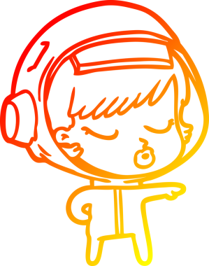 Bir çizgi film karakteri çizen güzel astronot kız, bir insanın çizdiği yolu işaret ediyor.