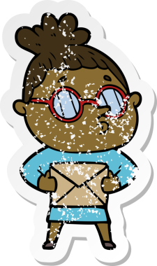 Bir insan tarafından çizilmiş gözlük takan karikatürlü bir kadının sıkıntılı çıkartması.