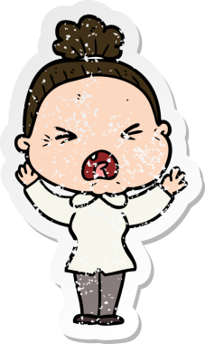 Bir insan tarafından çizilmiş kızgın yaşlı bir kadının sıkıntılı çıkartması.