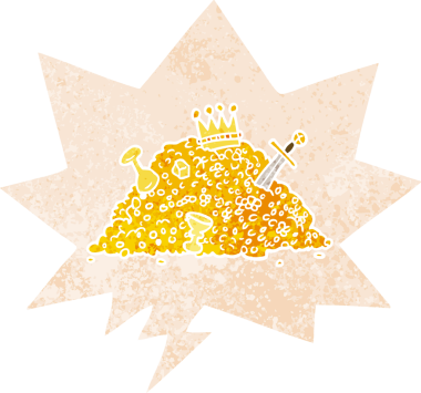 Bir insan tarafından çizilmiş, grunge dertli retro tarzı içinde konuşma balonu olan hazine yığını.