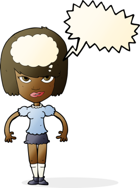 Bir insan tarafından çizilmiş konuşma baloncuğu fikri olan bir karikatür kadın.