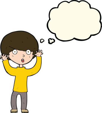 Bir insan tarafından çizilmiş düşünce baloncuğu ile ürkmüş bir çocuk.