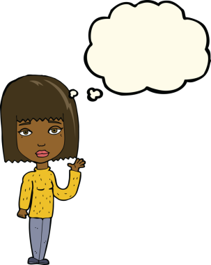 Bir insan tarafından çizilmiş düşünce baloncuğuyla el sallayan çizgi film kadını.