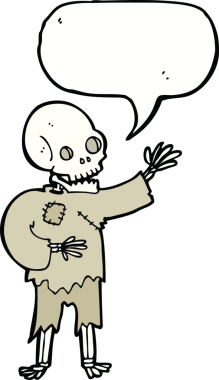 bir insan tarafından çizilmiş konuşma baloncuğuyla sallanan karikatür iskeleti