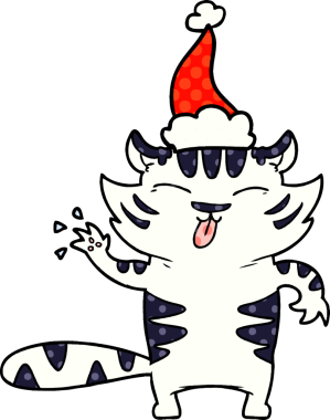 Bir insan tarafından çizilmiş Noel Baba şapkası giyen beyaz bir kaplanın el çizimi çizgi roman tarzı çizimi.