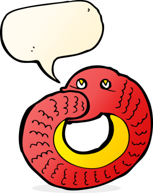 Çizgi film yılanı, bir insan tarafından çizilmiş konuşma balonuyla kendi kuyruğunu yiyor.