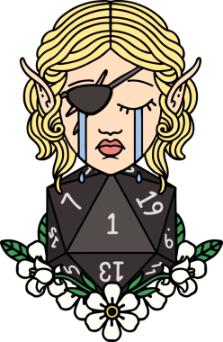 Retro Dövme Tarzı Ağlayan Elf düzenbaz karakter yüzü ve bir insan tarafından çizilmiş doğal bir D20 rulo