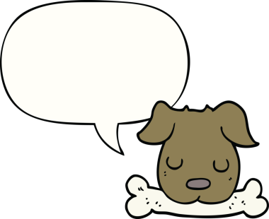 Bir insan tarafından çizilmiş, kemik ve konuşma balonu olan çizgi film köpeği.