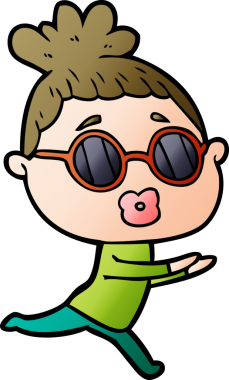 Bir insan tarafından çizilmiş güneş gözlüğü takan çizgi film kadını.