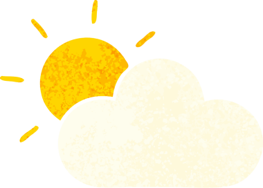 Bir insan tarafından çizilmiş güneş ışığı ve bulutun retro çizim tarzı karikatürü