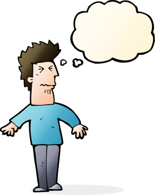 Bir insan tarafından çizilmiş düşünce baloncuğu olan stresli bir adam.