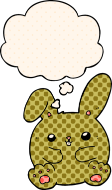 Çizgi roman tarzında bir insan tarafından çizilmiş düşünce kabarcığı olan çizgi film tavşanı.