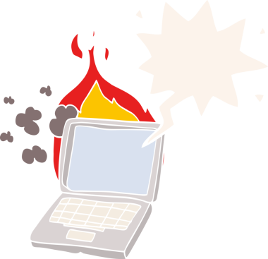 bir insan tarafından çizilmiş, konuşma baloncuklu çizgi film bozuk dizüstü bilgisayar.