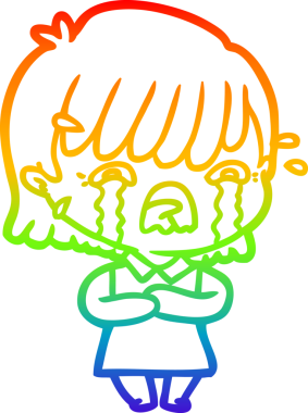 Gökkuşağı gradyan çizimi bir insan tarafından çizilmiş ağlayan bir çizgi kız çizimi